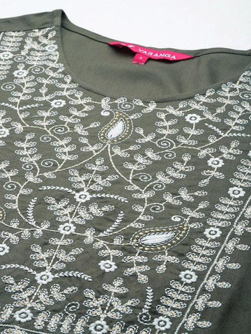 Varanga Women Olive Embroidered Kurta Paired With Tonal Trouser And Dupatta